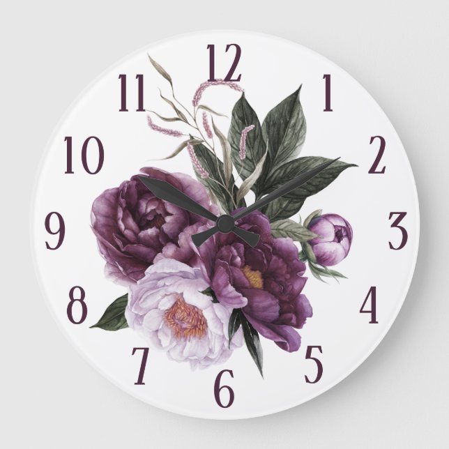 Lila Pink Pum Peonies Grüne Große Wanduhr (Vorderseite)