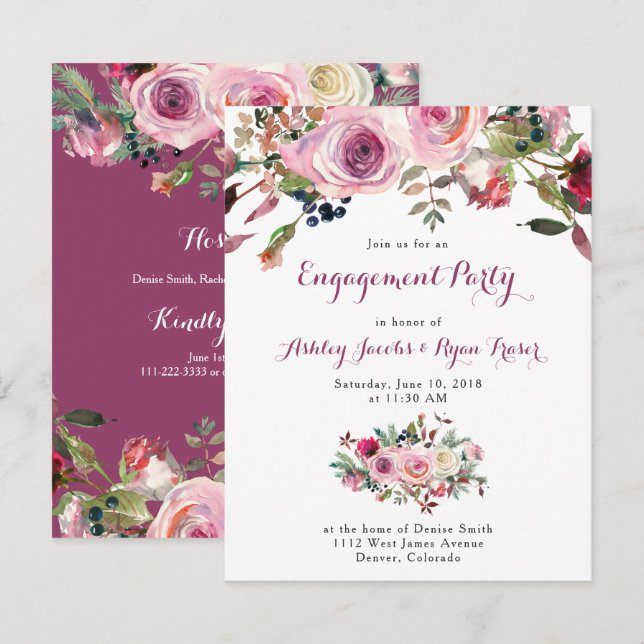 Lila Pink Rosa Floral Engagement Party Einladung (Vorne/Hinten)