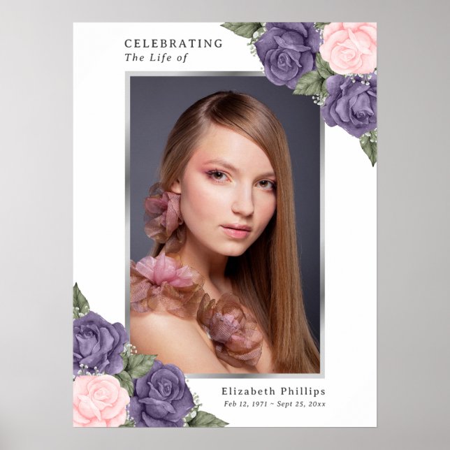 Lila Pink Silver Foto Memorial Begräbniszeichen Poster (Vorne)