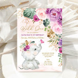 Lila Pink Tropical Floral Elefant 1. Geburtstag Einladung<br><div class="desc">Feiern Sie Ihr kleines wildes 1. Geburtstagsfest mit dieser wunderschönen Einladung,  in der hübsche Illustration eines süßen Elefanten,  der mit einem niedlichen Schmetterling spielt,  üppiger tropischer Vegetation und herrlicher Blüte & violetten Blumen.</div>