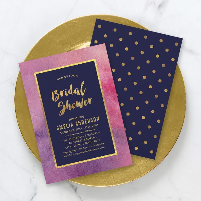 Lila Pink Wasserfarbe und Imitate Gold Brautparty Einladung (Von Creator hochgeladen)