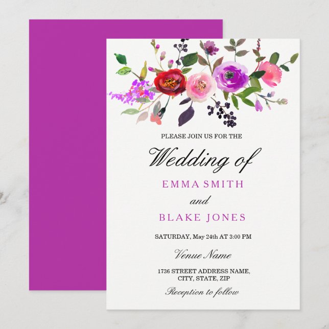 Lila Pink Watercolor Blumenhochzeit Einladung (Vorne/Hinten)