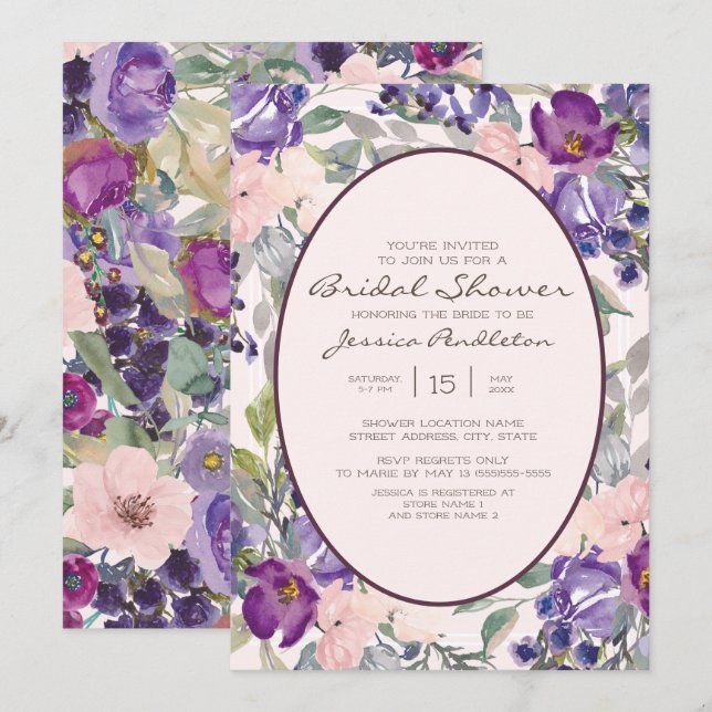 Lila Pink Watercolor Garten Blumenbeete Brautparty Einladung (Vorne/Hinten)