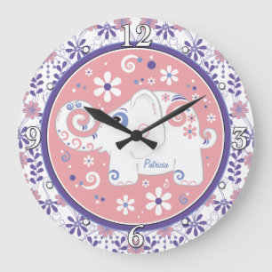 Lila Pink White Elephoral Personalisiert Große Wanduhr
