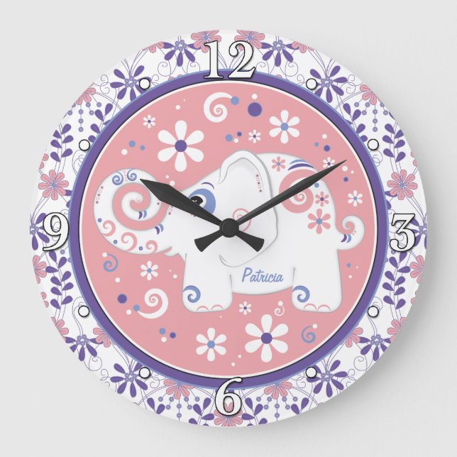 Lila Pink White Elephoral Personalisiert Große Wanduhr (Vorderseite)