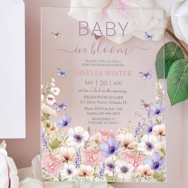 Lila Pink Wildblume Schmetterlinge Baby in Bloom Acryleinladungen (Von Creator hochgeladen)