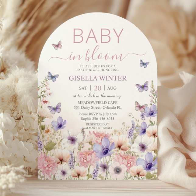 Lila Pink Wildblume Schmetterlinge Baby in Bloom Einladung (Von Creator hochgeladen)