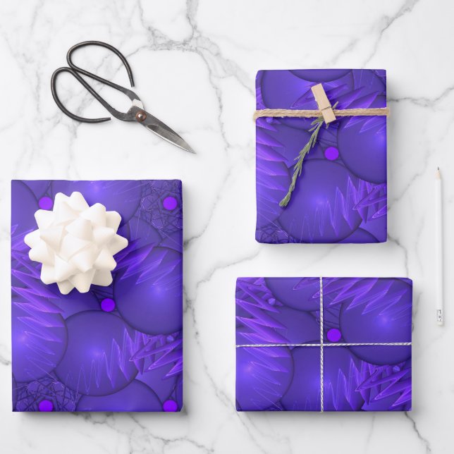 Lila Planeten und Blitze Geschenkpapier Set (Vorderseite)