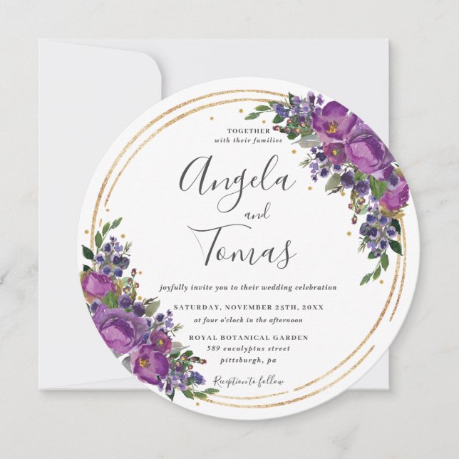 Lila Plum Floral Wedding Gold Glitzer Circle Einladung (Vorderseite)
