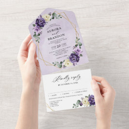 Lila Plum Ivory Gold Floral Geometric Wedding Al All In One Einladung