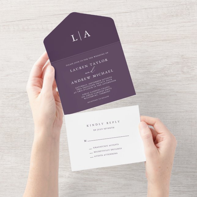 Lila Plum Minimalistisch Hochzeit All In One Einladung (Abreißen)