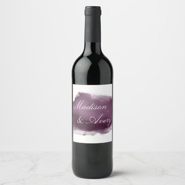 Lila Plum Moderne Wasserfarbe Romantische Hochzeit Weinetikett (Vorderseite)