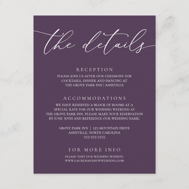 Lila Plum Modernes Minimalistisches Hochzeitsszena Begleitkarte (Vorderseite)