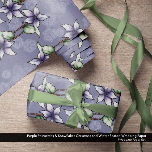 Lila Poinsettias & Snowflakes Weihnachten Geschenkpapier (Purple Poinsettias & Snowflakes Christmas and Winter Season Wrapping Paper Roll)