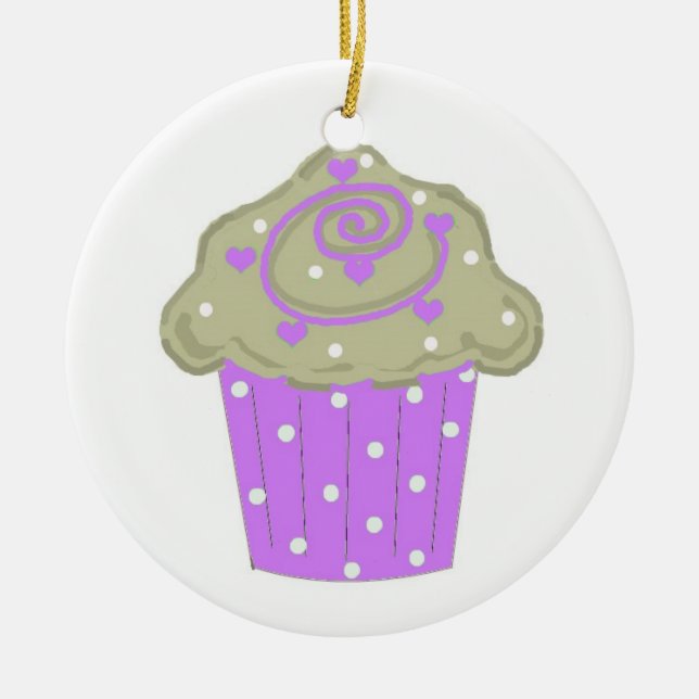 Lila Polka Dot Cupcake Keramikornament (Vorne)