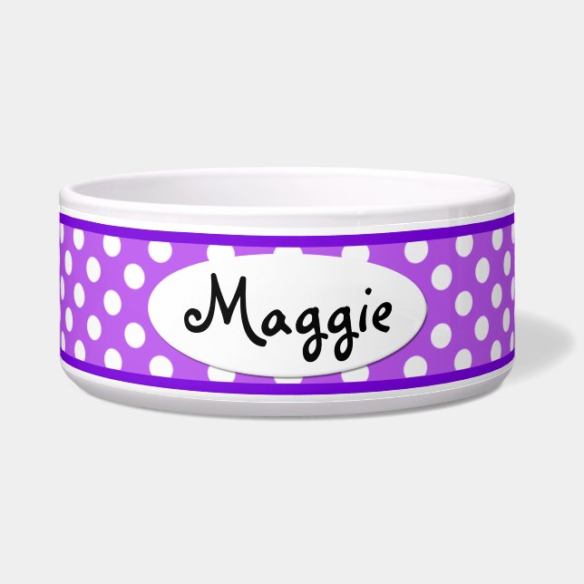 Lila Polka Dot Personalisierte Keramik Dog Bowl Napf (Vorderseite)