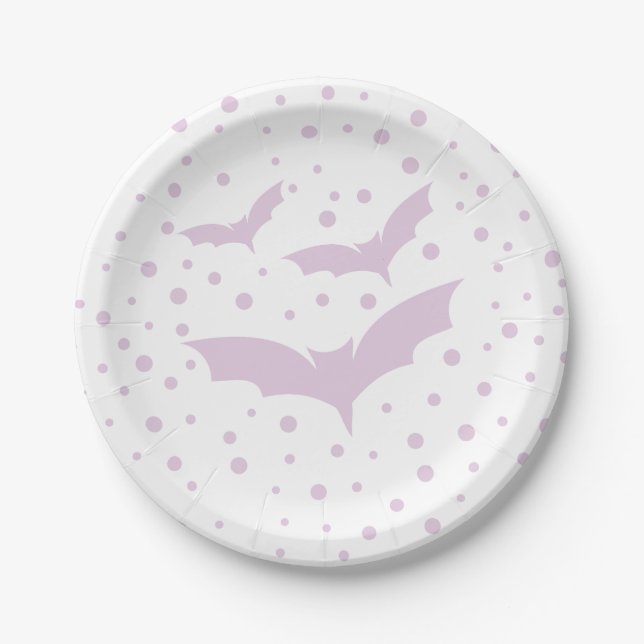 Lila Polka Dots mit fliegenden Fledermäusen Pappteller (Vorderseite)