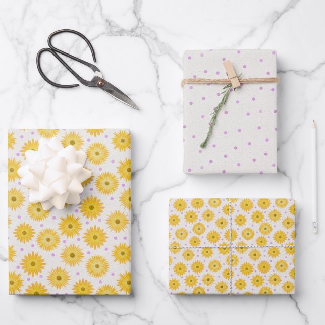 Lila Polka-Dots mit gelben Blüten, handgezeichnet Geschenkpapier Set (Vorderseite)