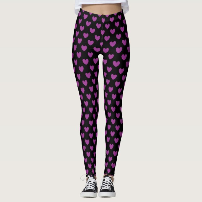 Lila Polka-Herzen auf schwarz Leggings (Vorderseite)