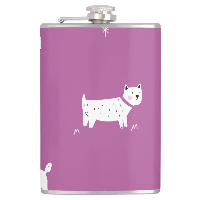 Lila Poodle: monochromes Retro-Muster Flachmann (Vorderseite)