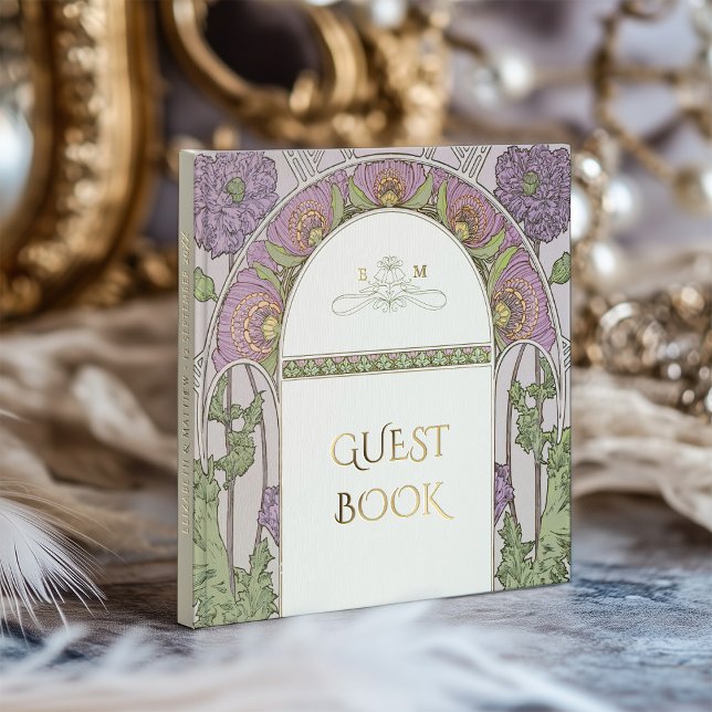 Lila Poppies Gold Wedding Art Nouveau Gästebuch (Von Creator hochgeladen)