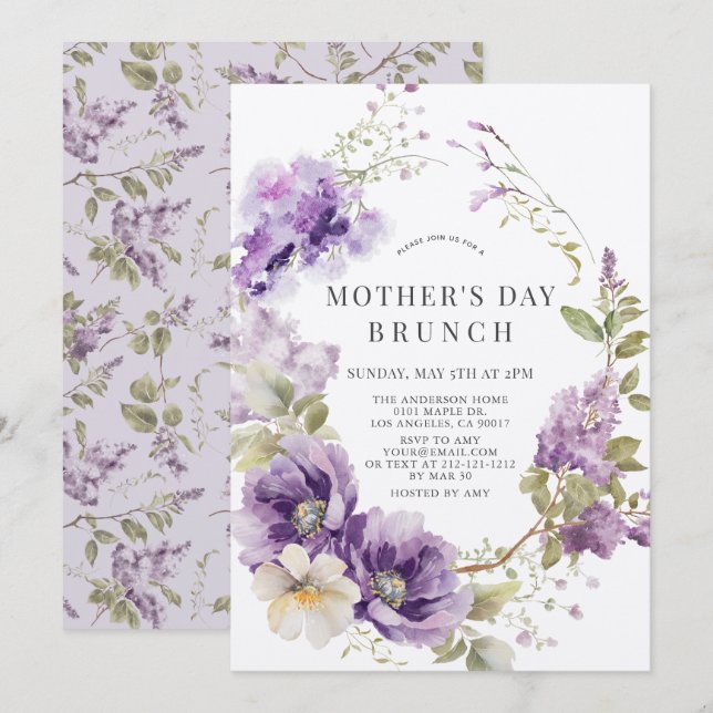 Lila Poppy & Lilac Blumenbrunch Einladung (Vorne/Hinten)
