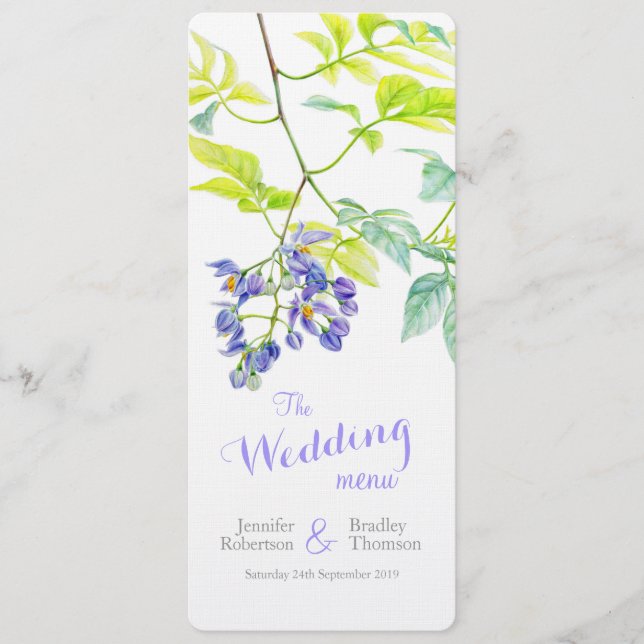 Lila Potato Strampler Hochzeitsmenü Menükarte (Vorderseite)