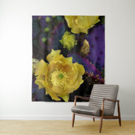 Lila Prickly Birne Opuntia Kaktus Gelbe Blüten Wandteppich