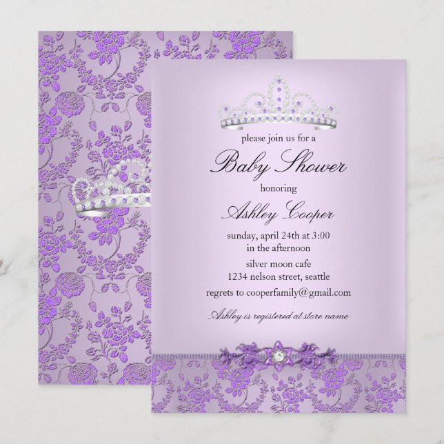 Lila Princess Baby Dusche Tiara Einladung (Vorne/Hinten)