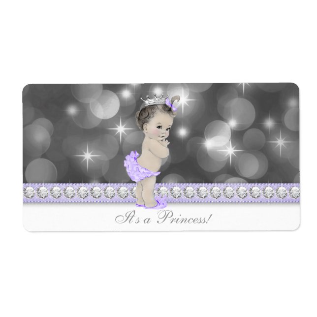 Lila Princess Baby Dusche Wasserflaschen Etiketten (Vorne)
