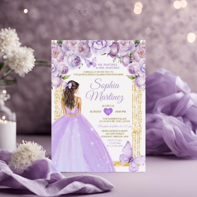 Lila Princess Dress Lavender Floral Mis Quince Einladung (Von Creator hochgeladen)