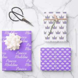Lila Princess Name & Princess Crowns Geschenkpapier Set