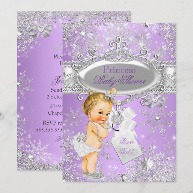 Lila Princess Winter Baby Dusche Blonde Einladung (Vorne/Hinten)