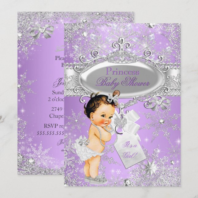 Lila Princess Winter Baby Dusche Brünett Einladung (Vorne/Hinten)