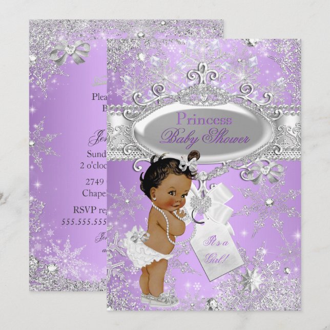 Lila Princess Winter Baby Dusche Ethnic Einladung (Vorne/Hinten)