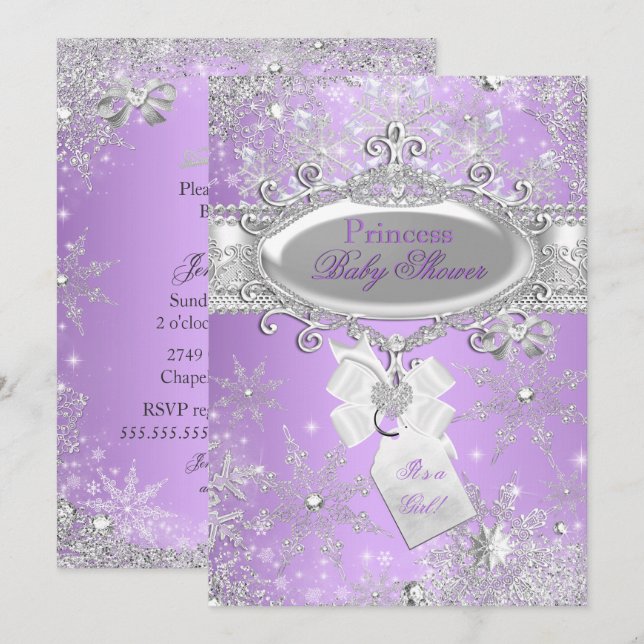Lila Princess Winter Girl Babydusche Einladung (Vorne/Hinten)