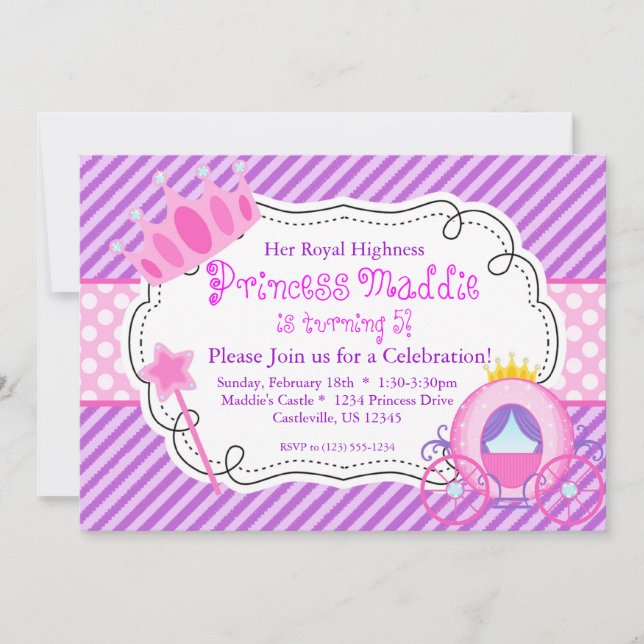 Lila Prinzessin Crown und Carriage Birthday Party Einladung (Vorderseite)