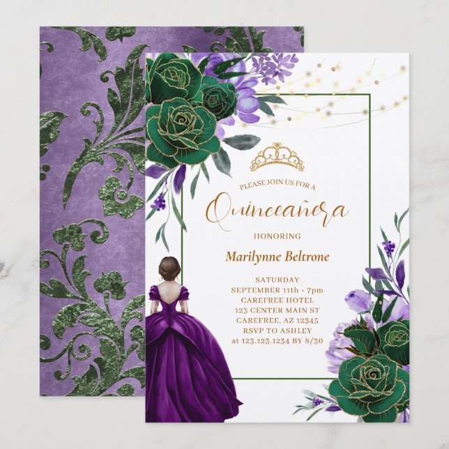 Lila Prinzessin Floral Quinceñera Einladung (Vorne/Hinten)