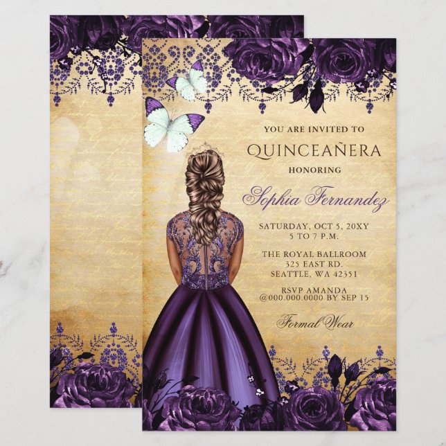 Lila Prinzessin Quinceañera Einladung (Vorne/Hinten)
