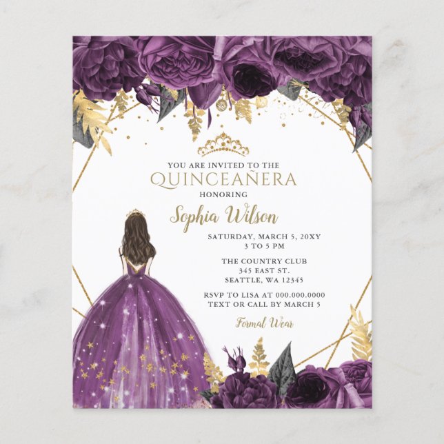 Lila Prinzessin Quinceañera Einladung (Vorderseite)