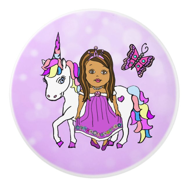Lila Prinzessin, Schmetterling und Einhorn Keramikknauf (Vorderseite)