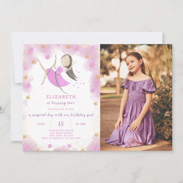 Lila Prinzessin zum Geburtstag Einladung mit Foto (Vorderseite)