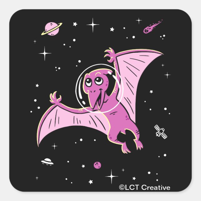 Lila PterodactylDinos im Weltraum Quadratischer Aufkleber (Vorderseite)