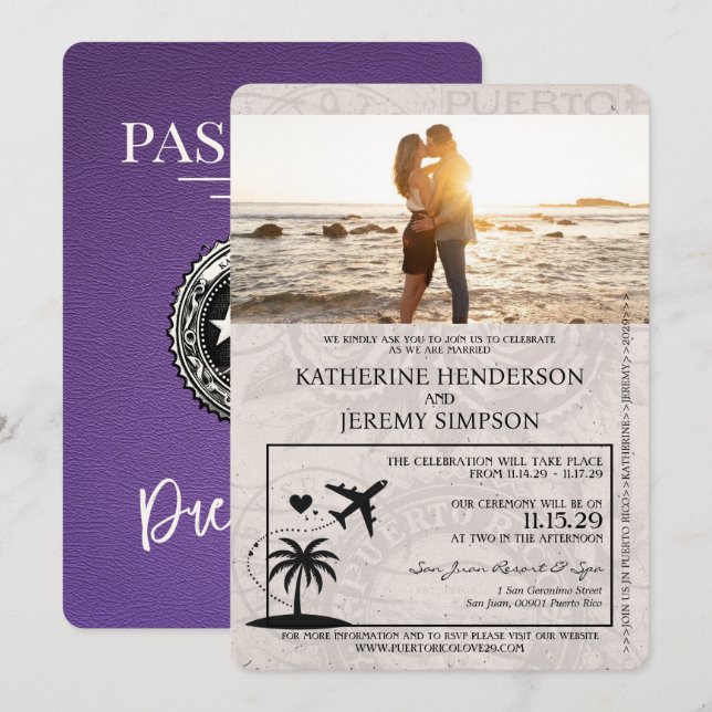 Lila Puerto Rico Passport Hochzeit Einladung (Vorne/Hinten)