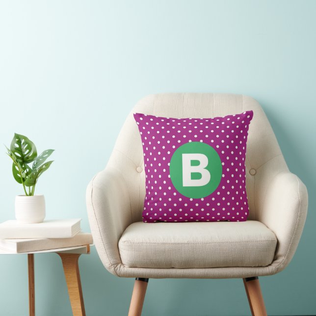Lila Punkte-Muster Grün Monogramm Kissen (Stuhl )