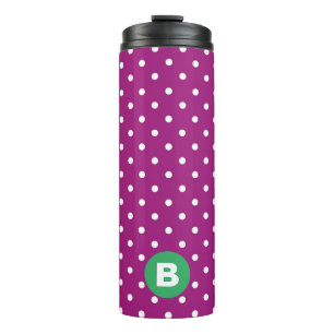 Lila Punkte-Muster Grünes Monogramm Thermosbecher
