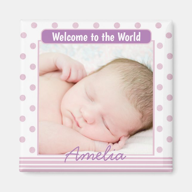 Lila Punkte Personalisiertes Baby Foto Magnet (Vorne)