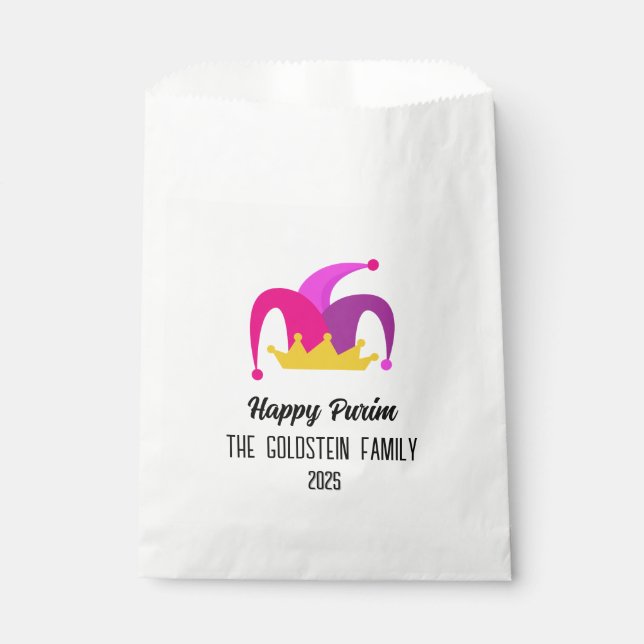 Lila Purim Clown Hat-Familie Name Gefälligkeitsfla Geschenktütchen (Vorderseite)