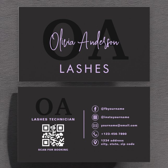 Lila QR-Code Auge Lashes Techniker Schwarz Visitenkarte (Von Creator hochgeladen)
