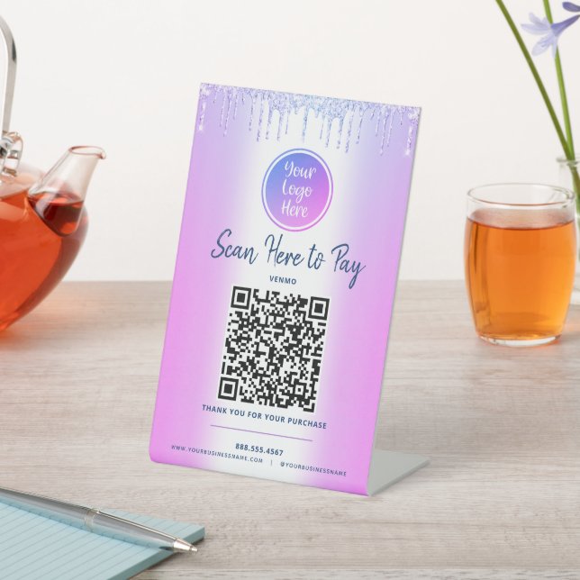 Lila QR-Code Bezahlung hier für Glitzer Tropfen mi Sockelschild (In SItu)